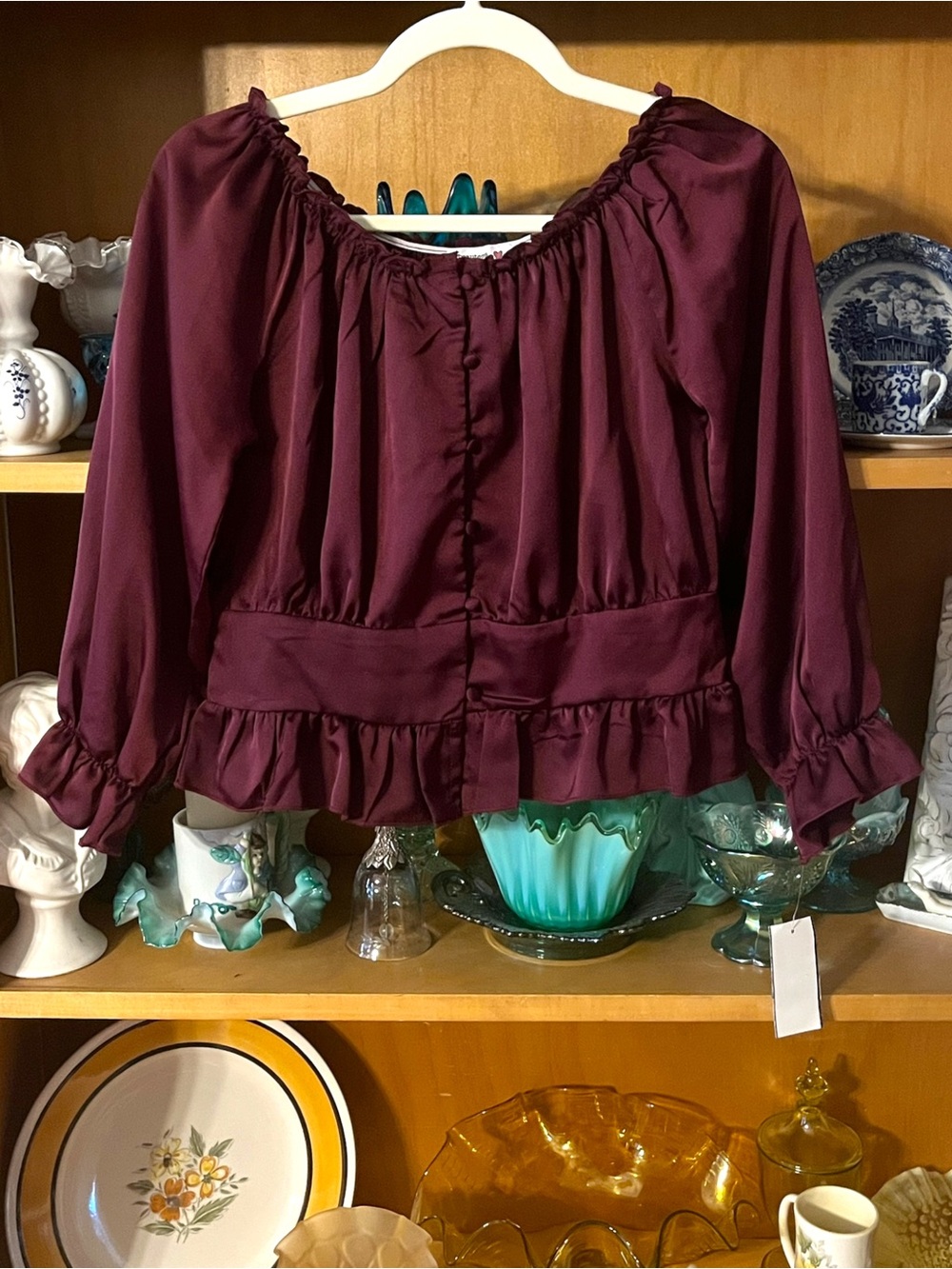 Beautees Burgundy Wine Satin Blouse Size XL
